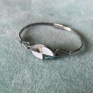 🍓Vintage DEADSTOCK 1980s SILVER abalone shell BANGLE BRACELET